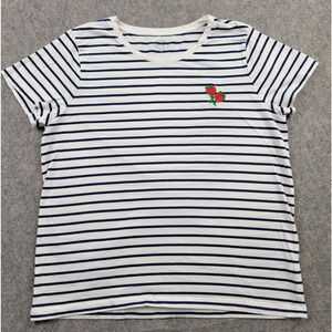 J Crew Shirt Womens XL Blue White Stripe Embroidered Strawberry Collector Tee